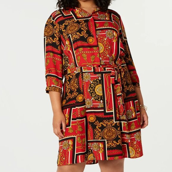 $49.00 Be Bop Trendy Plus Size Chain-Print Shirtdress, Size 2X, Scarlet/Black - Picture 2 of 13